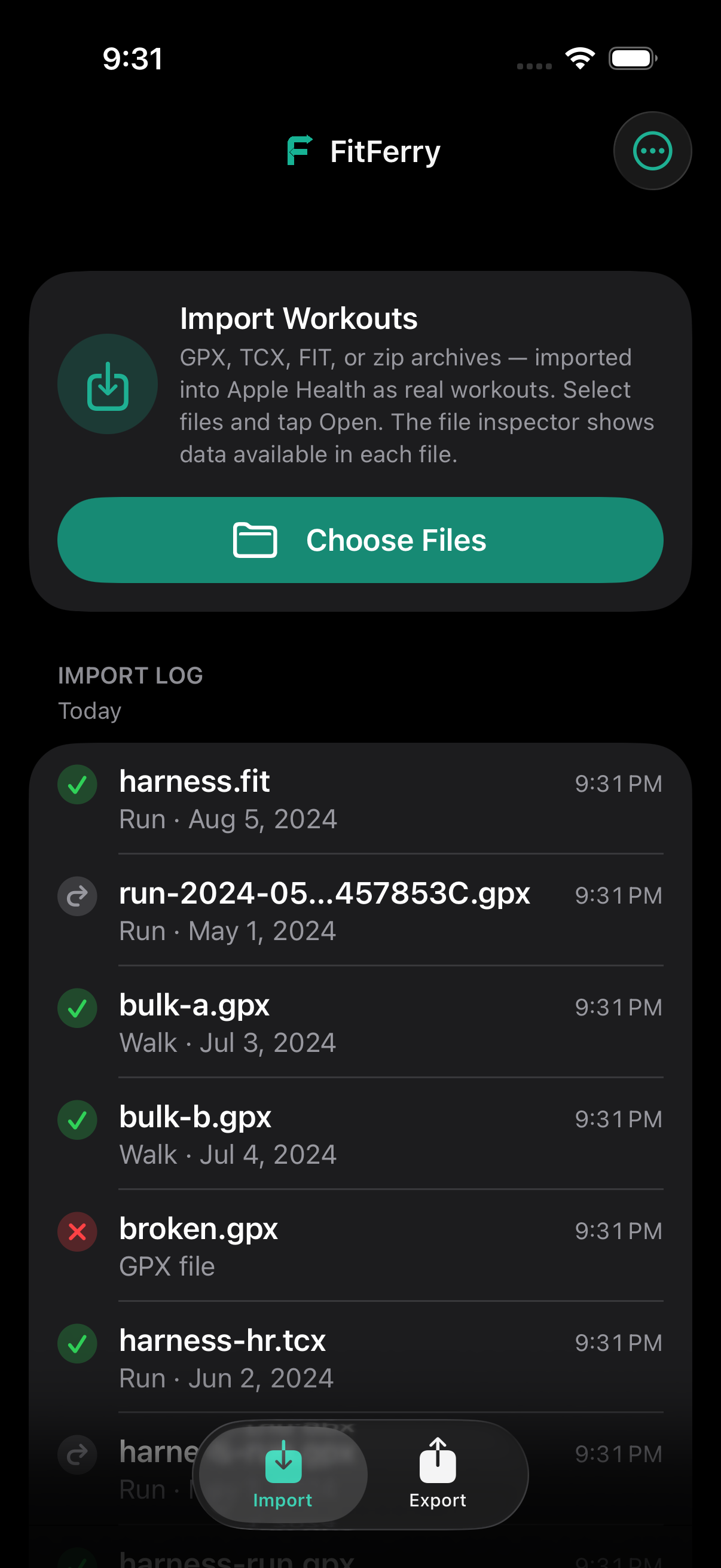 FitFerry's import screen showing a file inspector with GPS route, heart rate, and elevation data